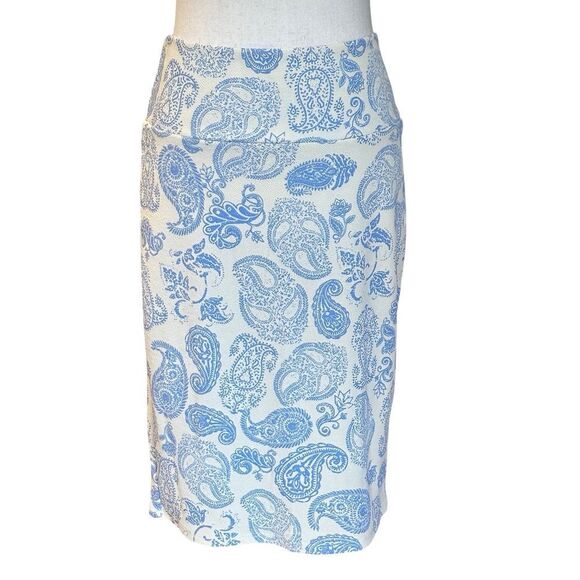 NWT LuLa Roe Cassie Paisley Print Pencil Skirt Cream/Blue Size Med - Picture 1 of 10